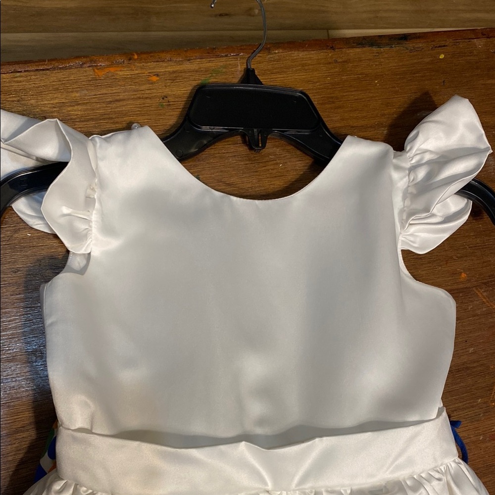 Flower Girl White Satin Dress with Ruffle Sleeves